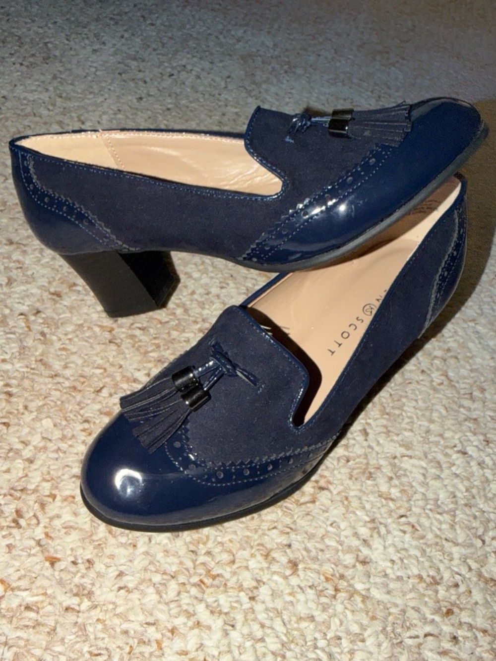 Office siren navy blue suede patent leather loafer heels w/ tassel detailing 7